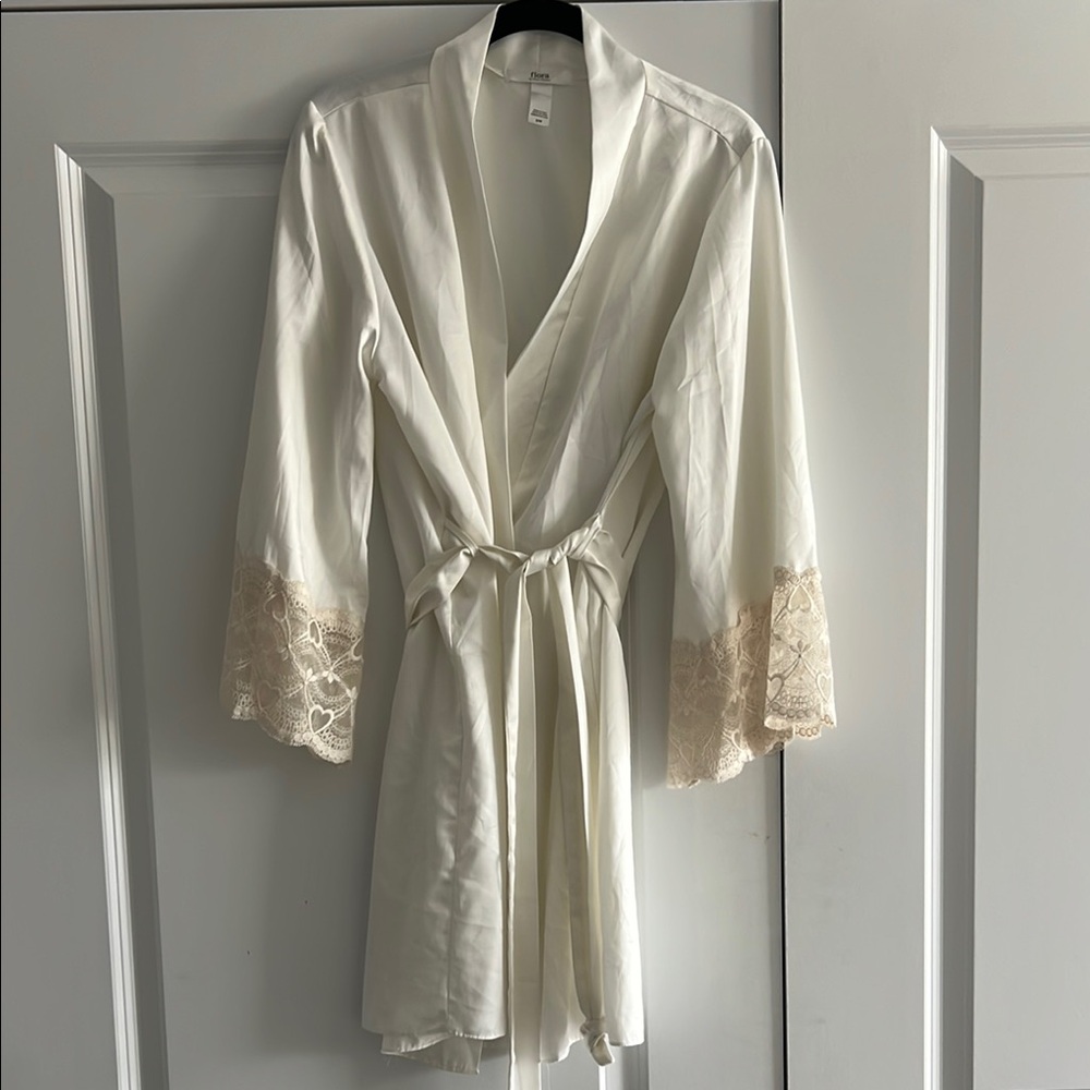 Cream Satin Lace-Trim Robe with Tie Belt